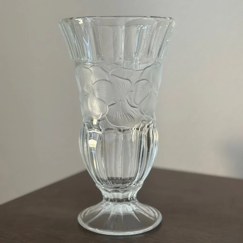 Clear Depression Glass Footed Vase‎ Frosted Floral Pedestal Base Table Decor